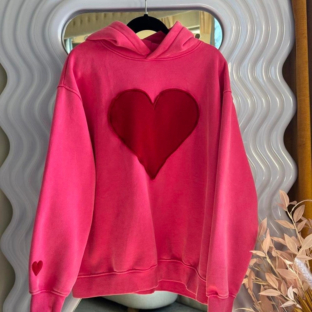 Pink Heart Applique Oversized Plush Hoodie Kawaii Coquette Sweatshirt M